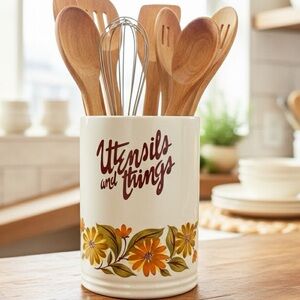 Vintage Capri Stoneware "Utensils and Things" Crock – Floral 70s Boho